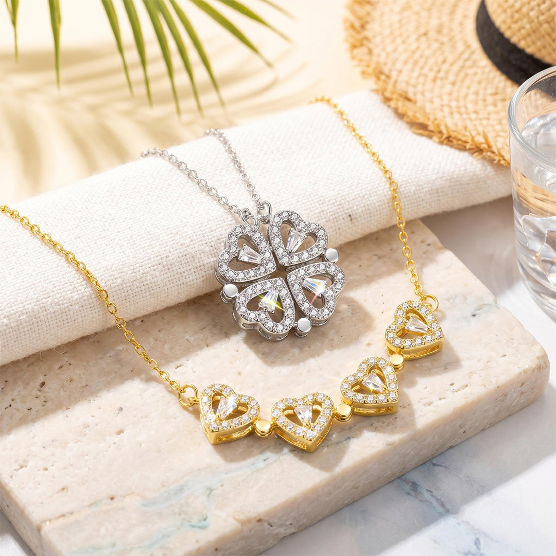 Collier Trèfle 4 Feuilles & Cœurs Zircon 2-en-1 · Transformable Acier Titane