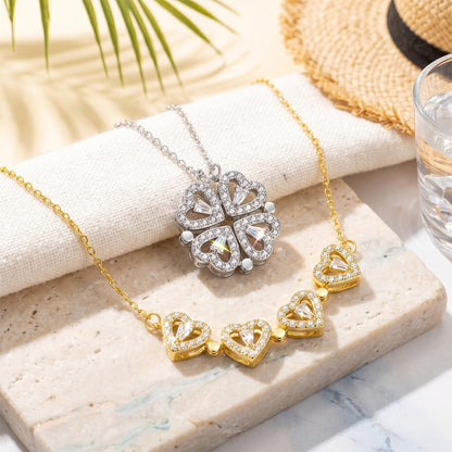 Collier Trèfle 4 Feuilles & Cœurs Zircon 2-en-1 · Transformable Acier Titane