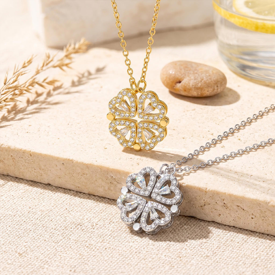 Collier Trèfle 4 Feuilles & Cœurs Zircon 2-en-1 · Transformable Acier Titane