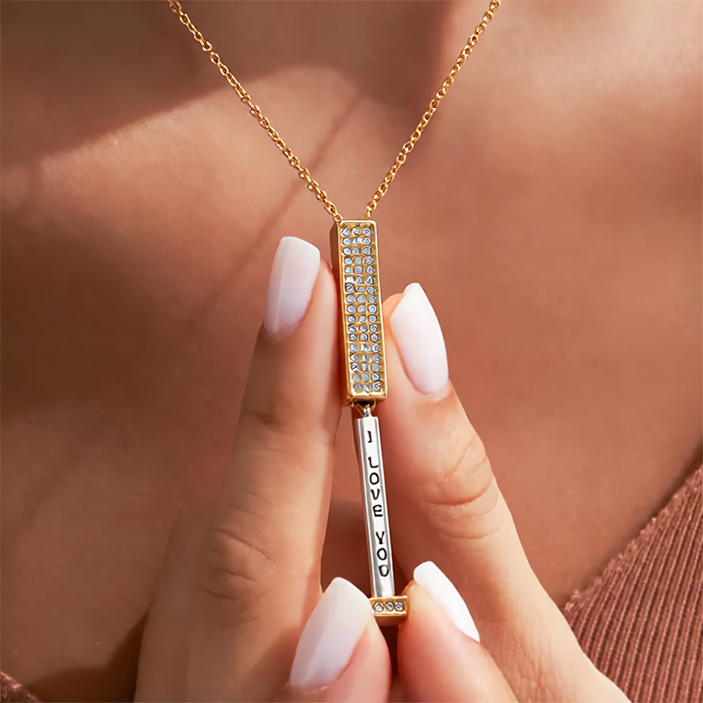 Collier Cylindre Télescopique Secret « I Love You » Pavé Diamant en Acier Inoxydable 316L - Vue 2 · Caelia Paris