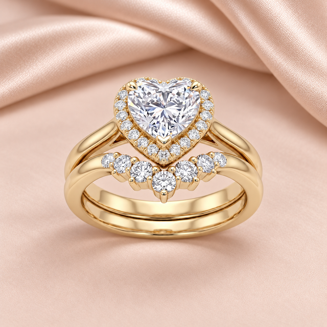 Bague cœur dorée et zircon sur fond beige rosé satiné