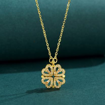 Collier Trèfle 4 Feuilles & Cœurs Zircon 2-en-1 en Acier Titane - Vue 4 · Caelia Paris