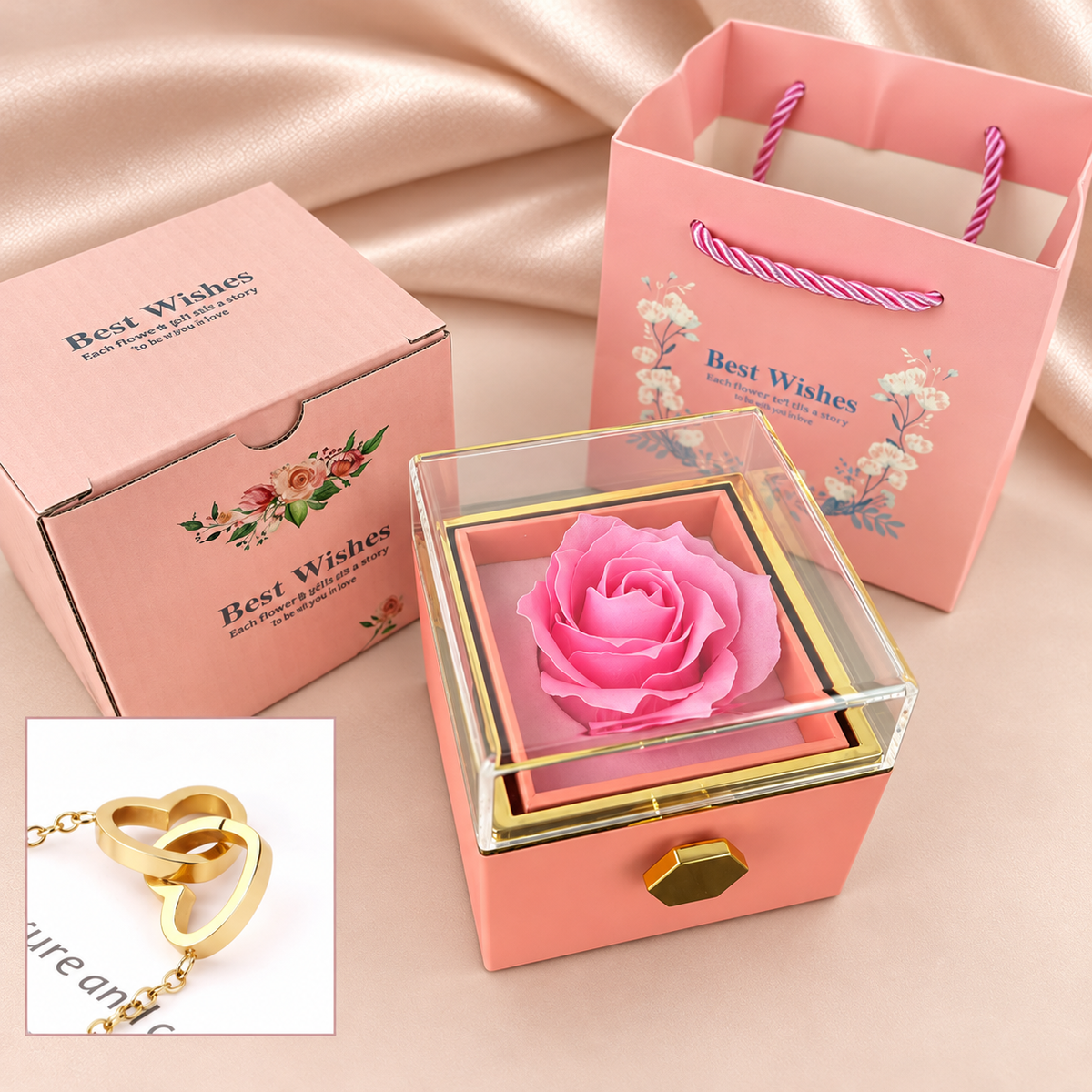 Coffret Rotatif & Collier Cœur sur fond satin beige rosé