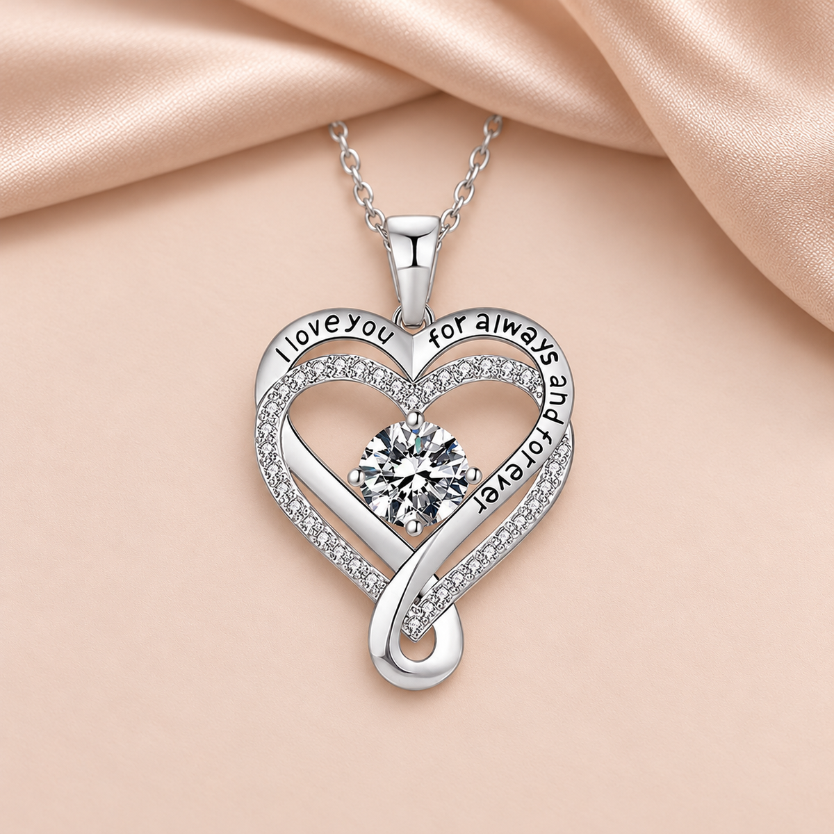 Collier Cœur Solitaire Zircon & Pierre de Naissance — fond satin beige rosé