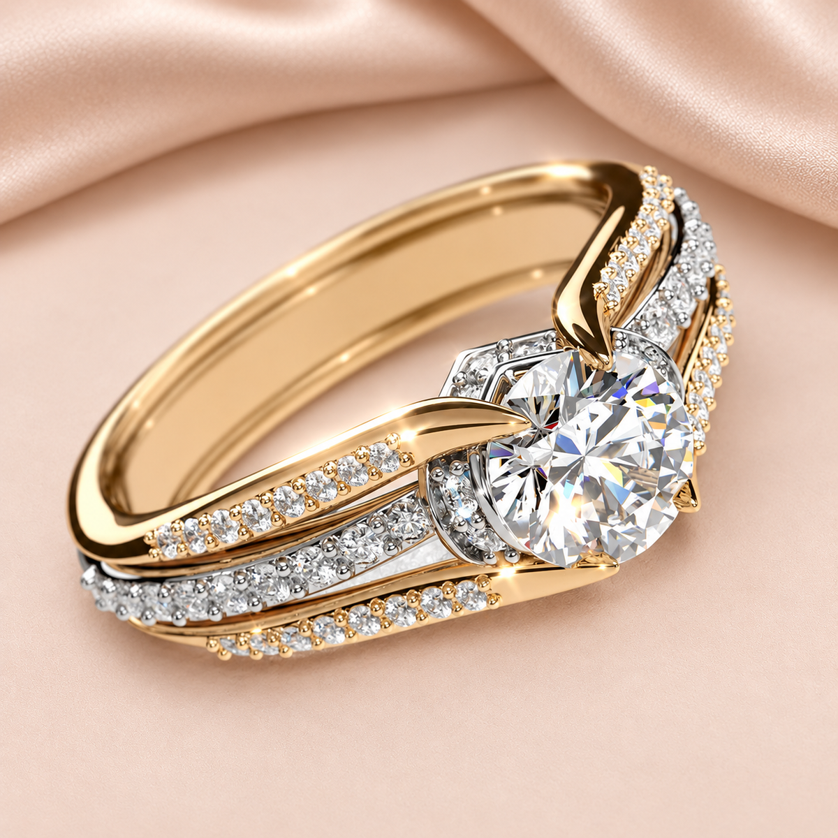 Bague Arche · Zircon & Esprit Rétro sur fond satin beige rosé