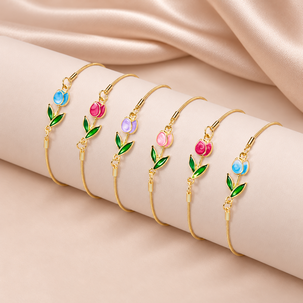 Bracelet Tulipe · Pétales Colorés sur fond satin beige rosé